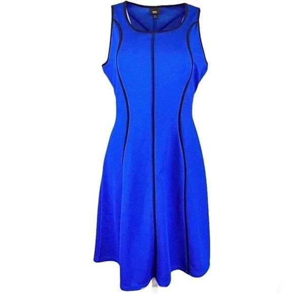 Royal blue with black piping textured dress size small - Picture 3 of 10